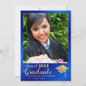 2025年クラス青王室のと金ゴールドの写真卒業 案内状 (正面)