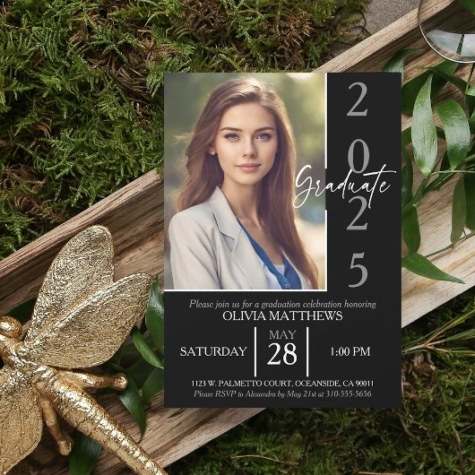 2025年クラス黒いカスタム写真卒業 招待状