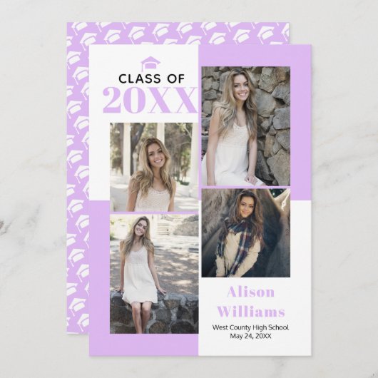 2025年クラス4枚の写真ラベンダー卒業 案内状 (正面/裏面)