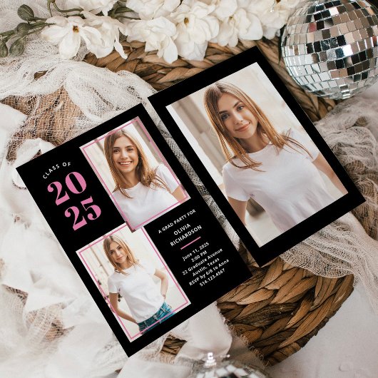 2025年クラス | フォトピンクとブラックグラードパーティー 招待状