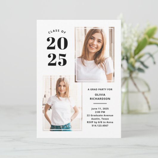2025年クラス | フォトブラックとホワイトグラードパーティー 招待状 (スタンド正面)