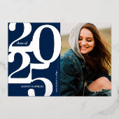 2025年ネイビーシルバー卒業発表カード 箔招待状 (正面)