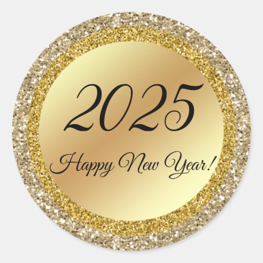 2025年ハッピーニューイヤー、金ゴールドメタリック輝き ラウンドシール (正面)
