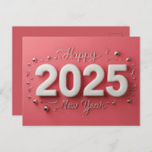 2025年ピンク色のホワイトハッピーニューイヤー シーズンポストカード (正面/裏面)