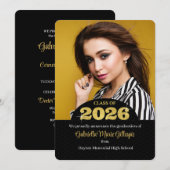 2025年フェイク金ゴールド黒きらきら光る写真卒業 招待状 (正面/裏面)