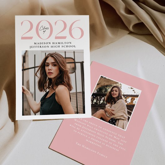 2025年モダンのピンク2写真卒業クラス 案内状