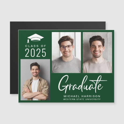 2025年モダンのフォトグリーン卒業 マグネット招待状 (正面/裏面)