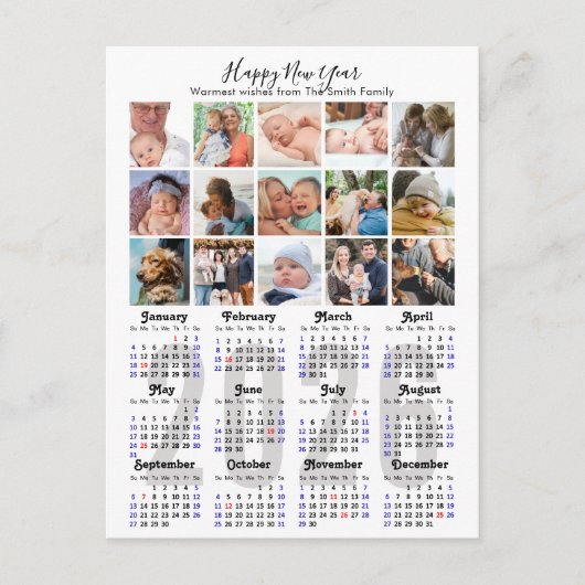 2025年モダンカレンダー家族フォトコラージュミニマル シーズンポストカード (正面)