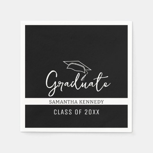 2025年モダングラッドキャップの白黒クラス スタンダードカクテルナプキン (正面)