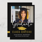 2025年モダングラッドキャップフォトのブラック&金ゴールドクラス 招待状 (正面/裏面)