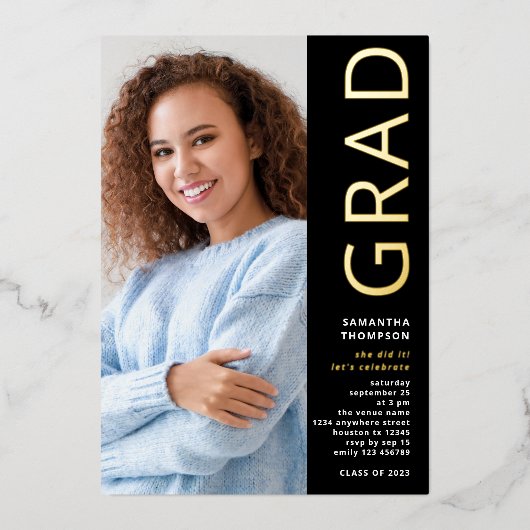 2025年モダン写真卒業ブラック金ゴールド実在 箔招待状 (正面)