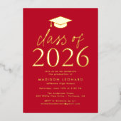 2025年モダン卒業パーティーの赤と金ゴールドのクラス 箔招待状 (正面)