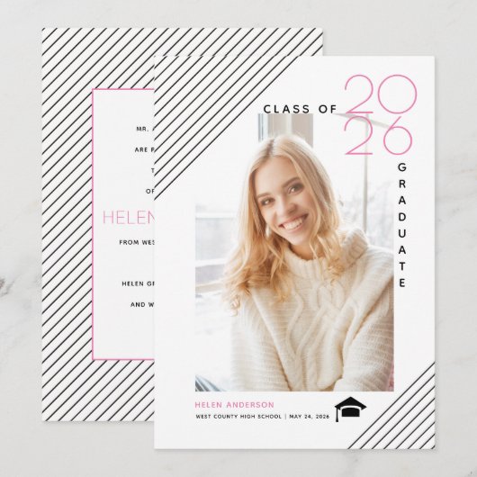 2025年モダン卒業ピンク写真クラス 案内状 (正面/裏面)