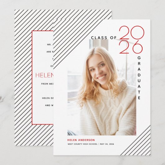 2025年モダン卒業ブラック赤写真クラス 案内状 (正面/裏面)