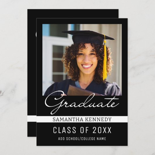 2025年モダン白黒卒業写真 招待状 (正面/裏面)