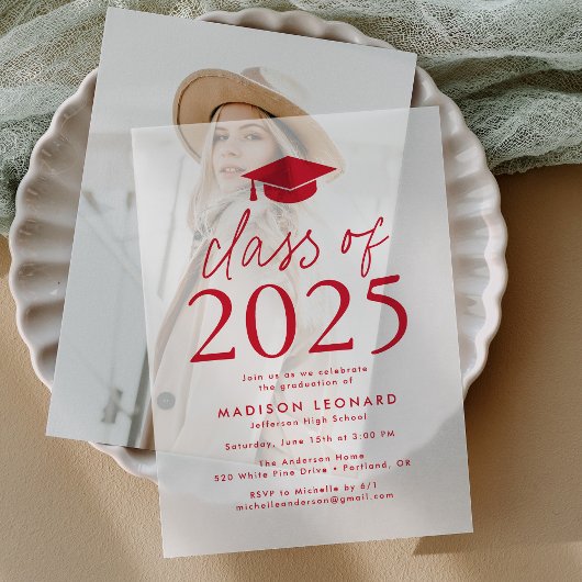 2025年モダン赤卒業パーティーのクラス ベラム紙招待状