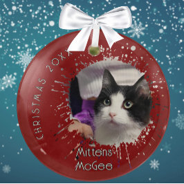 2025年レッドスプラッターパターンクリスマスの猫 ガラスオーナメント