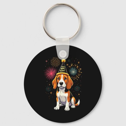 2025年元旦前夜の花火の犬 面白いビーグル キーホルダー (正面)