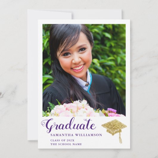 2025年写真卒業の白と紫のクラス 案内状 (正面)