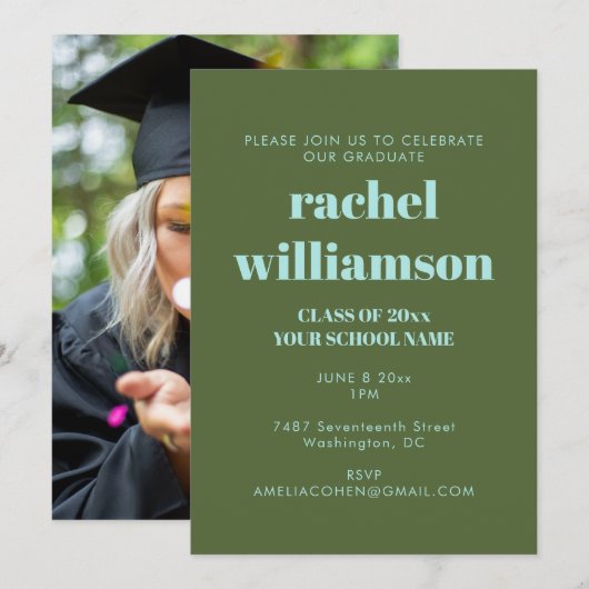 2025年写真卒業パーティーのグリーンブルークラス 招待状 (正面/裏面)