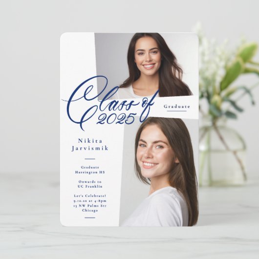 2025年写真卒業パーティーの青と白のクラス 招待状 (スタンド正面)