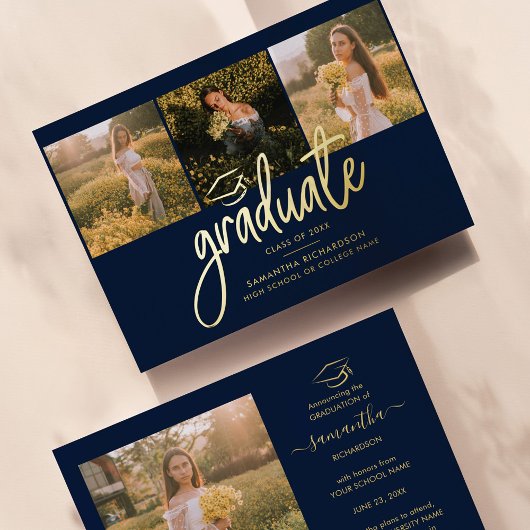 2025年写真撮影コラージュネイビーブルー金ゴールド 箔招待状