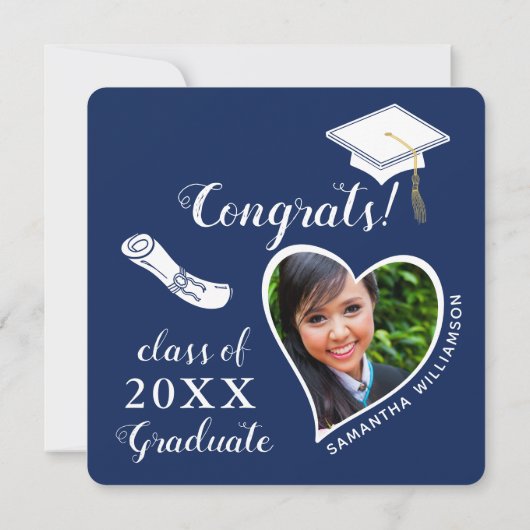 2025年卒業のネイビーブルーとホワイトフォトクラス 招待状 (裏面)