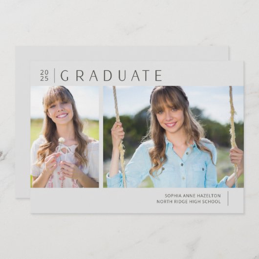 2025年卒業ニュートラルグレー写真卒業パーティー 招待状 (正面/裏面)