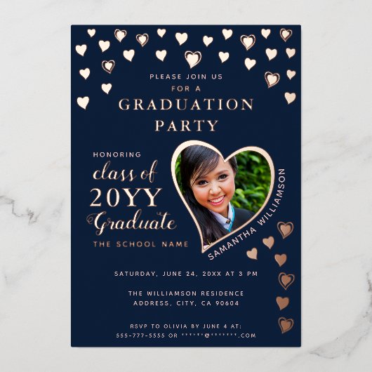 2025年卒業ネイビーブルー&バラ金ゴールド卒業 箔招待状 (正面)