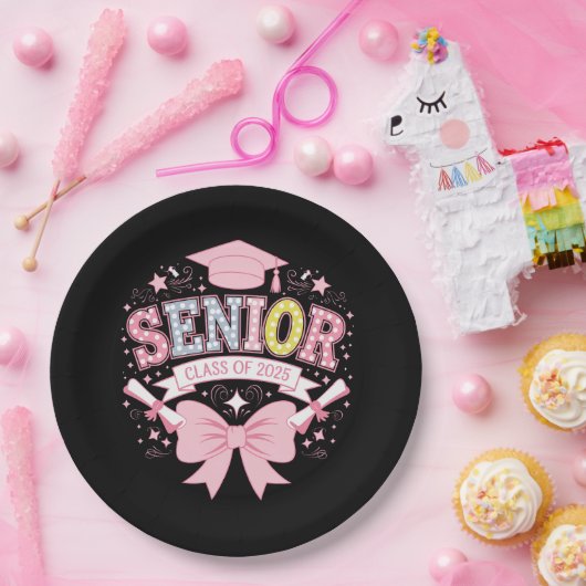 2025年卒業ピンクコケット弓の上級クラス ペーパープレート (パーティー)