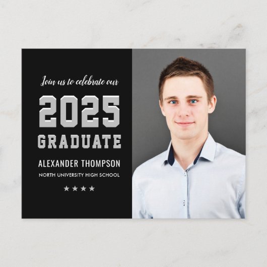 2025年卒業ブラックグレー卒業パーティー写真 インビテーションポストカード (正面)