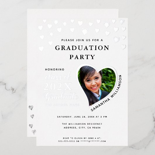 2025年卒業ホワイト&シルバー 箔招待状 (正面/裏面)