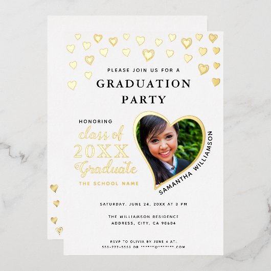 2025年卒業ホワイト&金ゴールド卒業 箔招待状 (正面/裏面)