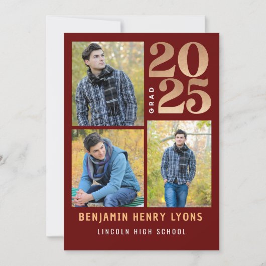 2025年卒業マルーン印刷可能クラス 招待状 (正面)