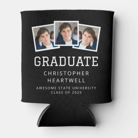 2025年卒業生3枚 – 写真白黒スポーティ 缶クーラー (正面)