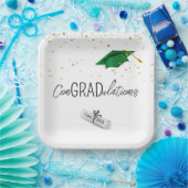 2025年卒業金ゴールド紙吹雪とグリーンキャップ ペーパープレート (パーティー)