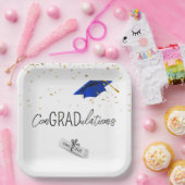 2025年卒業金ゴールド紙吹雪とブルーキャップ ペーパープレート (パーティー)