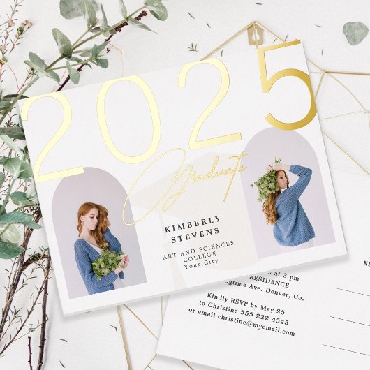 2025年卒業2アーチ写真卒業パーティー 箔招待状ポストカード
