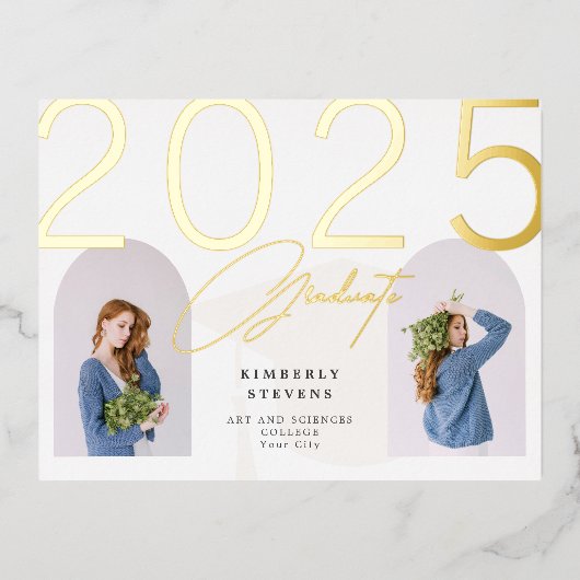2025年卒業2アーチ写真卒業パーティー 箔招待状ポストカード (正面)