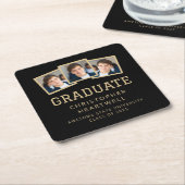 2025年卒業3フォトブラックと金ゴールド スクエアペーパーコースター (アングル)