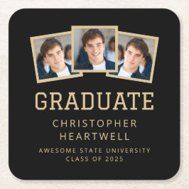 2025年卒業3フォトブラックと金ゴールド スクエアペーパーコースター
