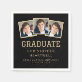 2025年卒業3フォトブラックと金ゴールド スタンダードカクテルナプキン (正面)