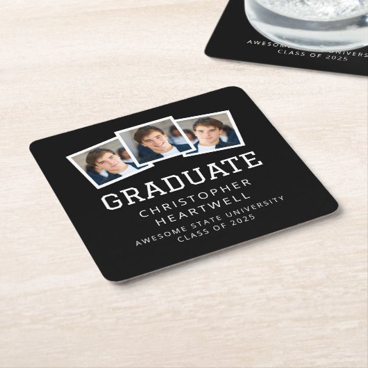2025年卒業3写真白黒 スクエアペーパーコースター (アングル)