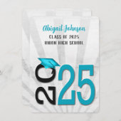 2025年卒業,ティール(緑がかった色)と黒の学校の色 招待状 (正面/裏面)