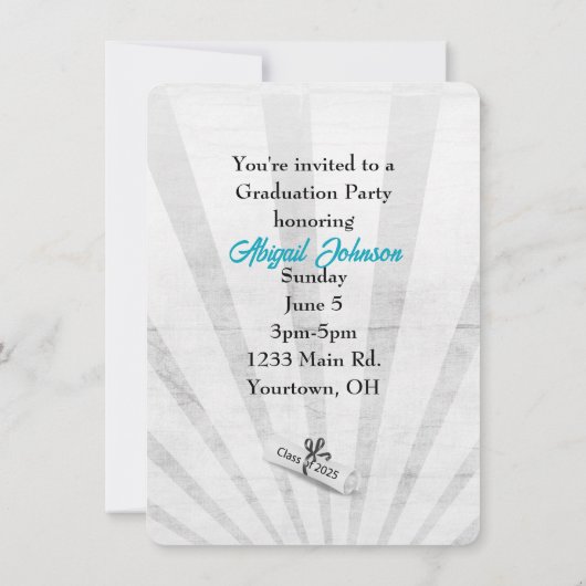 2025年卒業,ティール(緑がかった色)と黒の学校の色 招待状 (裏面)