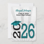 2025年卒業，ティール（緑がかった色）と黒の学校の色 招待状 (正面)