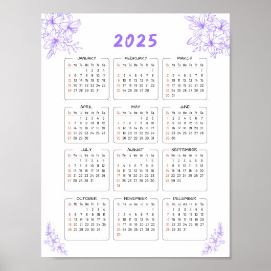 2025年壁ミニマルカレンダー紫フローラポスター ポスター (正面)