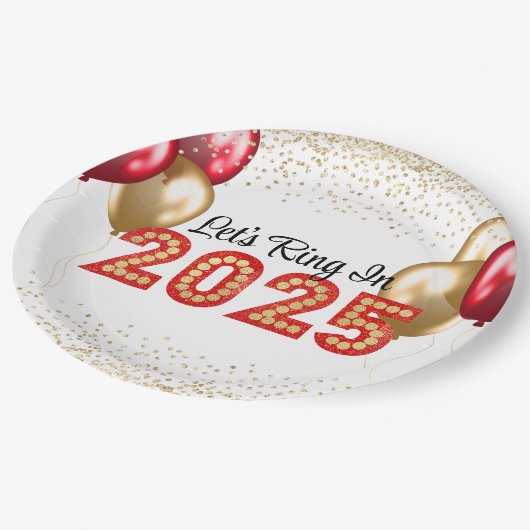 2025年大晦日パーティー赤と金ゴールドマーキー ペーパープレート (アングル)