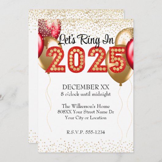 2025年大晦日パーティー赤と金ゴールドマーキー 招待状 (正面/裏面)
