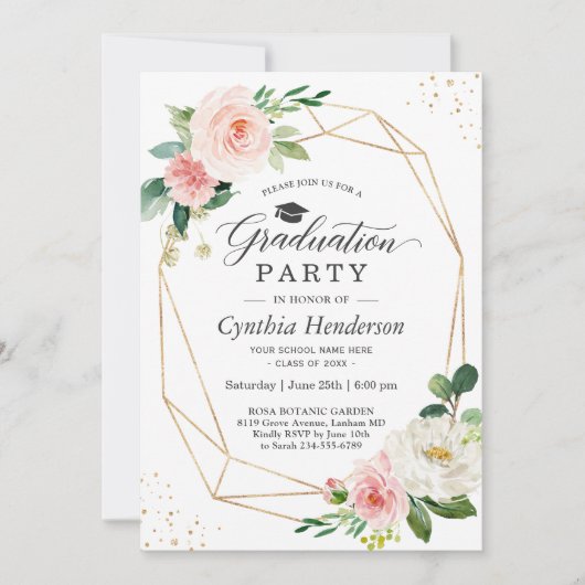 2025年度卒業パーティーガーリー赤面ピンクフローラ 招待状 (正面)